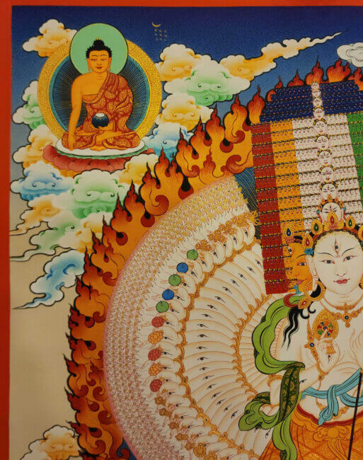 Aparece un acercamiento lateral de Sitatapatra con sus mil brazos y mil caras. Aparece también en la esquina superior izquierda Buda Shakyamuni.